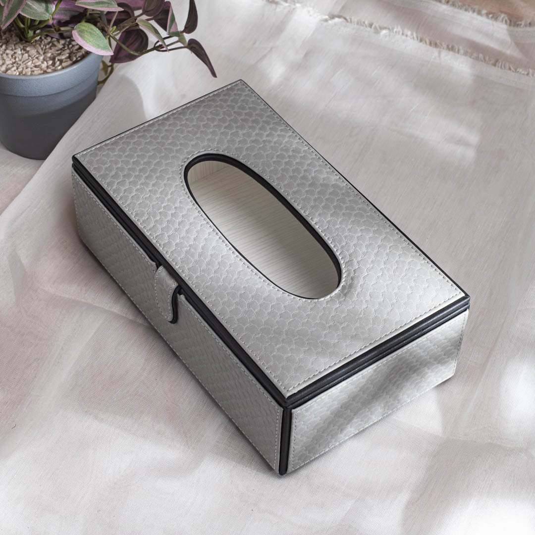 Grey Vegan Leather Tissue Box Holder – 24 × 14 × 8 cm
