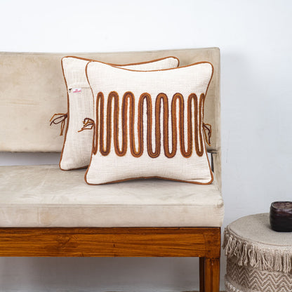 Beige Brown Arch Stripe Embroidered Slub Cotton Cushion Cover 12x18 &amp; 16x16 Inch