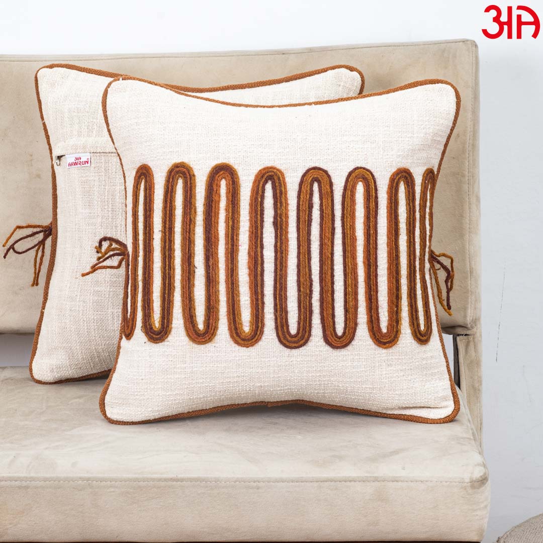 Beige Brown Hanging Oval Drop Embroidered Slub Cotton Cushion Cover 12x18 &amp; 16x16 Inch