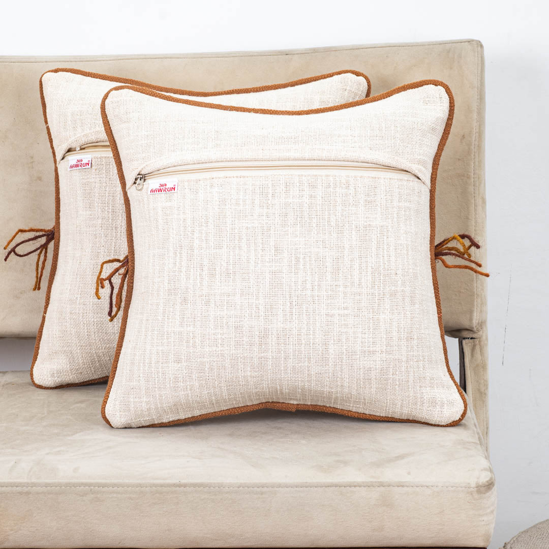 Beige Brown Lattice Wave Embroidered Slub Cotton Cushion Cover 12x18 &amp; 16x16 Inch