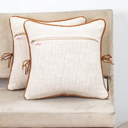 Beige Brown Lattice Wave Embroidered Slub Cotton Cushion Cover 12x18 &amp; 16x16 Inch