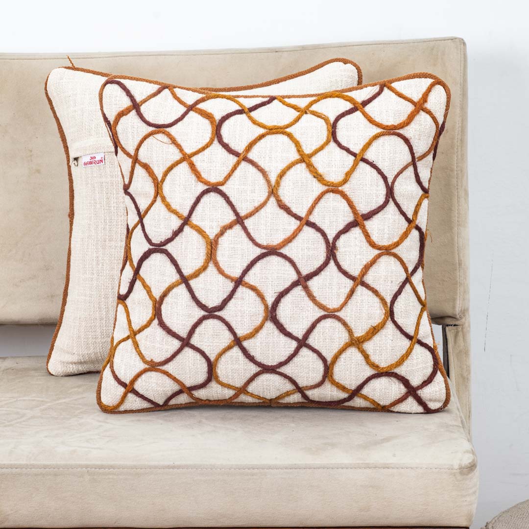 Beige Brown Lattice Wave Embroidered Slub Cotton Cushion Cover 12x18 &amp; 16x16 Inch