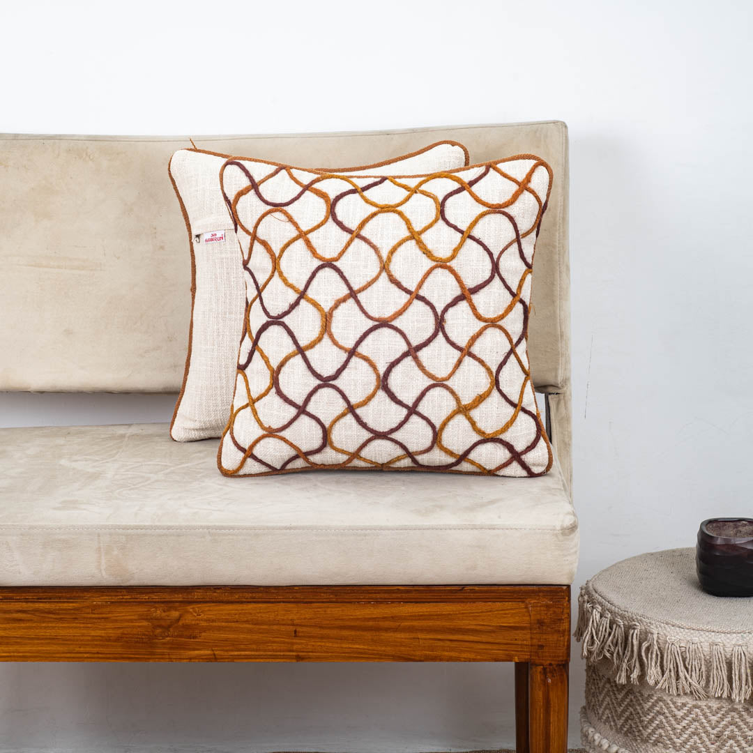 Beige Brown Lattice Wave Embroidered Slub Cotton Cushion Cover 12x18 &amp; 16x16 Inch