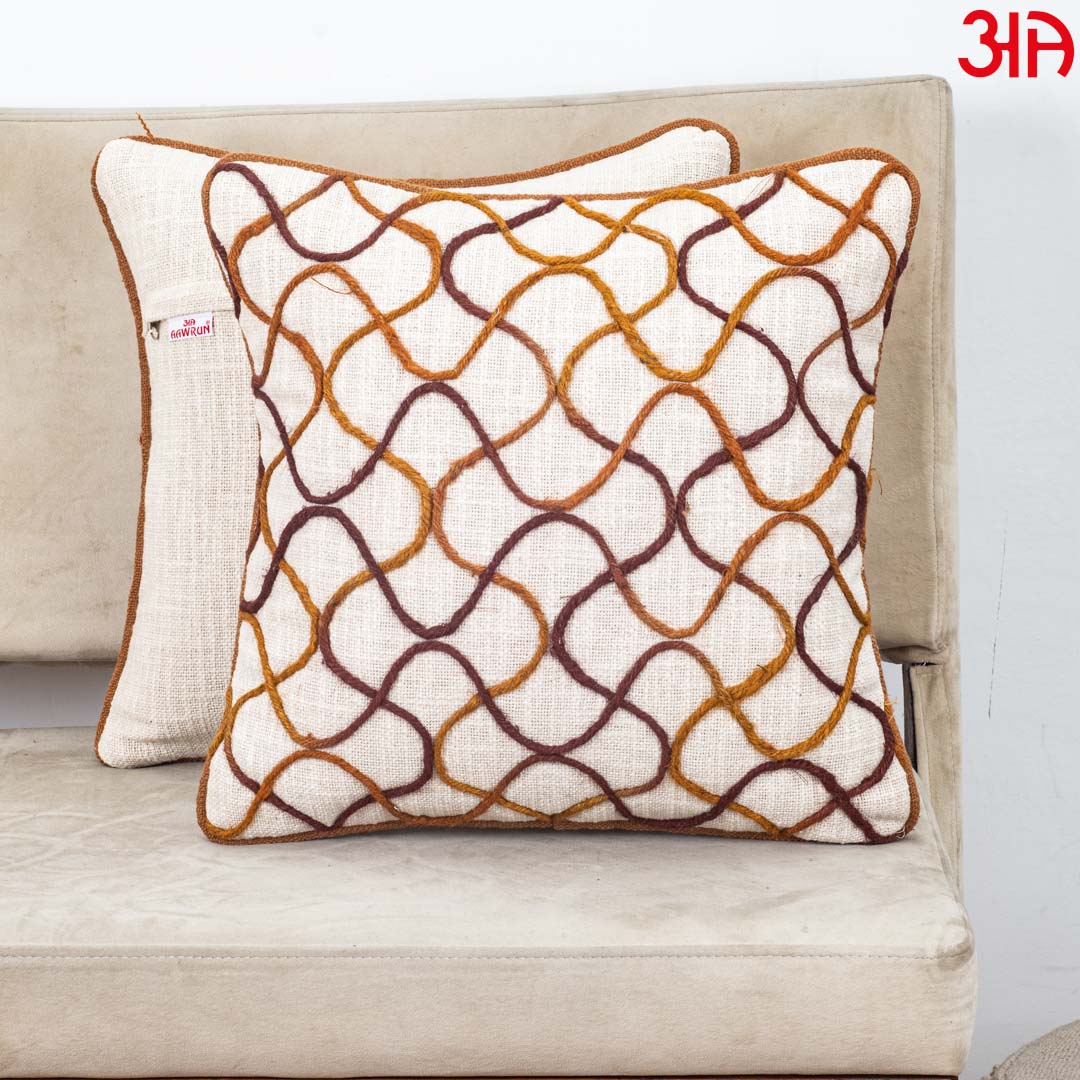 Beige Brown Lattice Wave Embroidered Slub Cotton Cushion Cover 12x18 &amp; 16x16 Inch