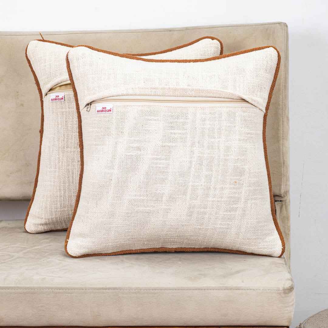 Beige Brown Spiral Embroidered Jute Cushion Cover 12x18 &amp; 16x16 Inch