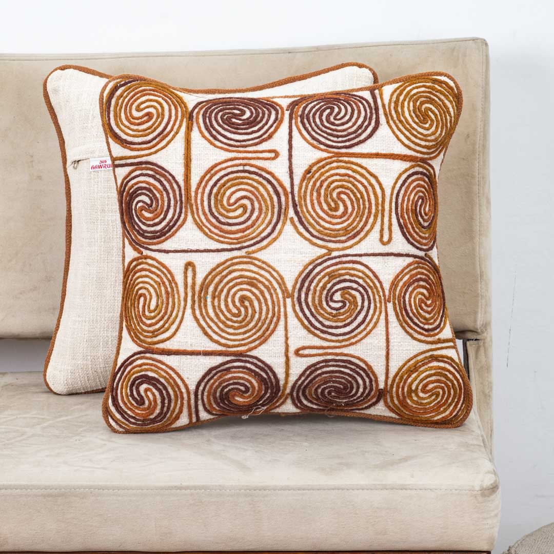 Beige Brown Spiral Embroidered Jute Cushion Cover 12x18 &amp; 16x16 Inch