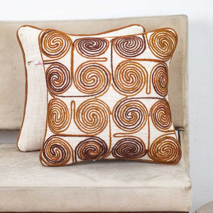 Beige Brown Spiral Embroidered Jute Cushion Cover 12x18 &amp; 16x16 Inch