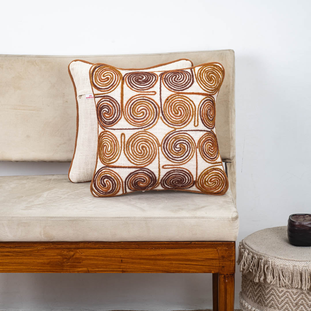 Beige Brown Spiral Embroidered Jute Cushion Cover 12x18 &amp; 16x16 Inch