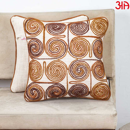 Beige Brown Spiral Embroidered Jute Cushion Cover 12x18 &amp; 16x16 Inch
