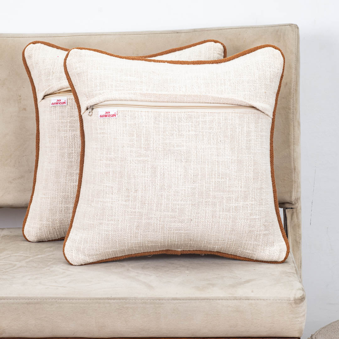 Beige Brown Geometric Maze Embroidered Slub Cotton Cushion Cover 12x18 &amp; 16x16 Inch