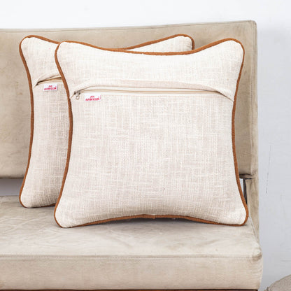 Beige Brown Geometric Maze Embroidered Slub Cotton Cushion Cover 12x18 &amp; 16x16 Inch