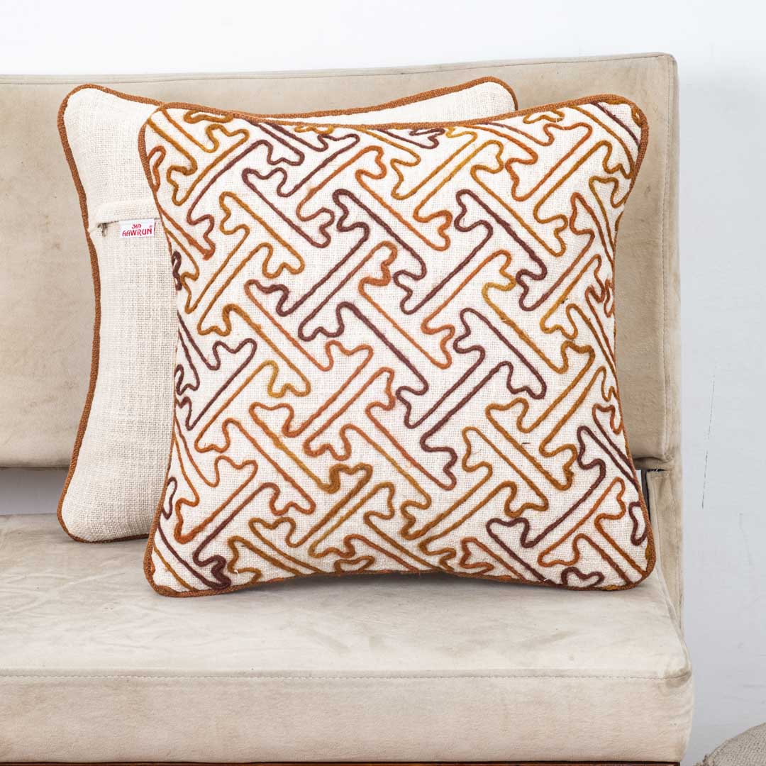 Beige Brown Geometric Maze Embroidered Slub Cotton Cushion Cover 12x18 &amp; 16x16 Inch