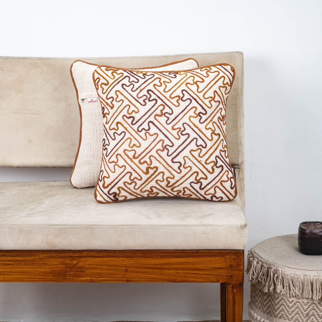 Beige Brown Geometric Maze Embroidered Slub Cotton Cushion Cover 12x18 &amp; 16x16 Inch