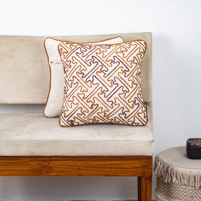 Beige Brown Geometric Maze Embroidered Slub Cotton Cushion Cover 12x18 &amp; 16x16 Inch