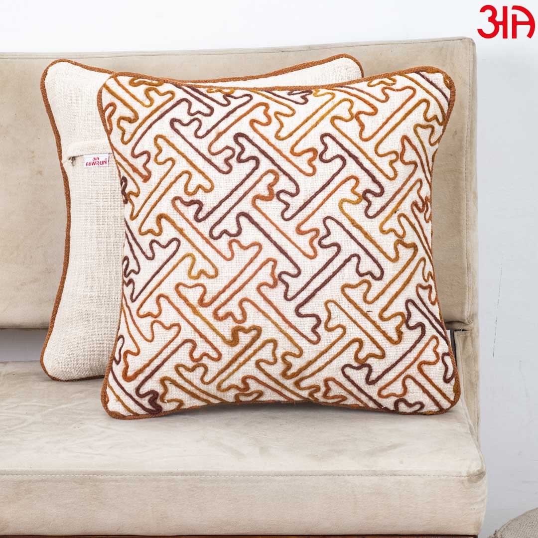 Beige Brown Geometric Maze Embroidered Slub Cotton Cushion Cover 12x18 &amp; 16x16 Inch
