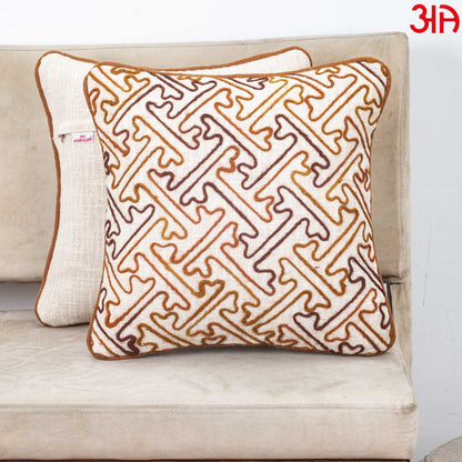 Beige Brown Geometric Maze Embroidered Slub Cotton Cushion Cover 12x18 &amp; 16x16 Inch