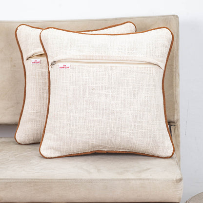 Beige Brown Hanging Oval Drop Embroidered Slub Cotton Cushion Cover 12x18 &amp; 16x16 Inch