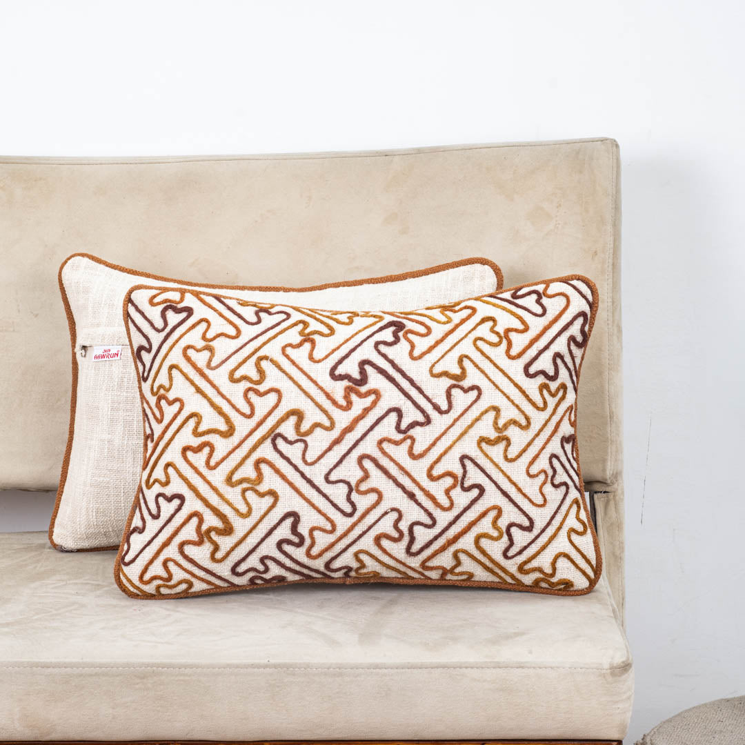 Beige Brown Geometric Maze Embroidered Slub Cotton Cushion Cover 12x18 &amp; 16x16 Inch
