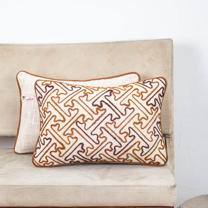 Beige Brown Geometric Maze Embroidered Slub Cotton Cushion Cover 12x18 &amp; 16x16 Inch