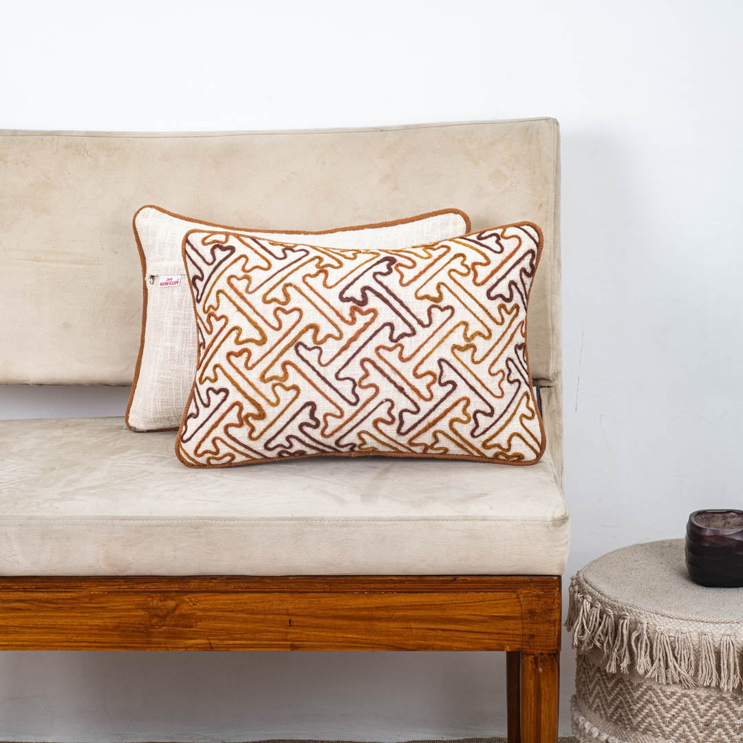 Beige Brown Geometric Maze Embroidered Slub Cotton Cushion Cover 12x18 &amp; 16x16 Inch