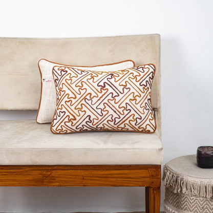 Beige Brown Geometric Maze Embroidered Slub Cotton Cushion Cover 12x18 &amp; 16x16 Inch