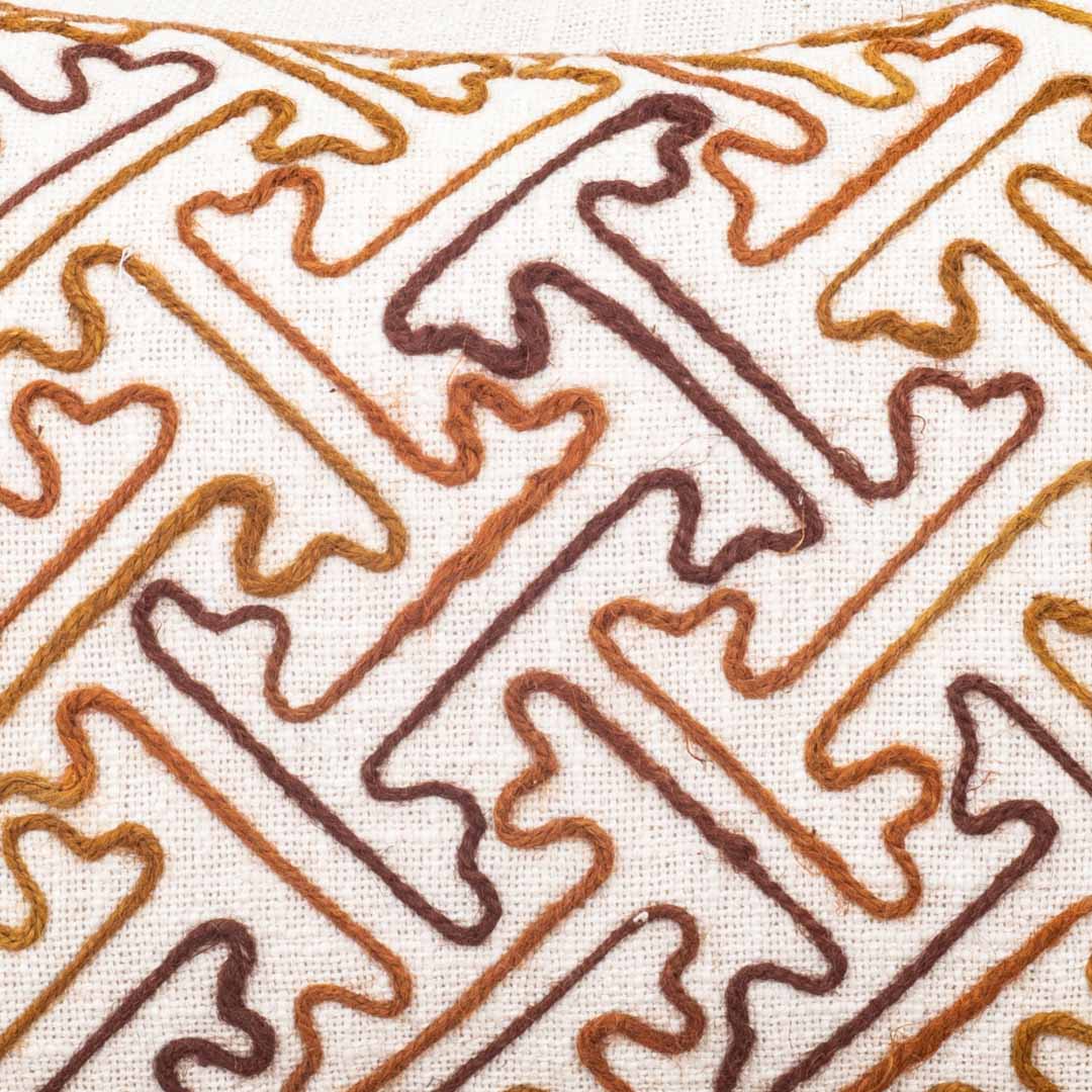 Beige Brown Geometric Maze Embroidered Slub Cotton Cushion Cover 12x18 &amp; 16x16 Inch