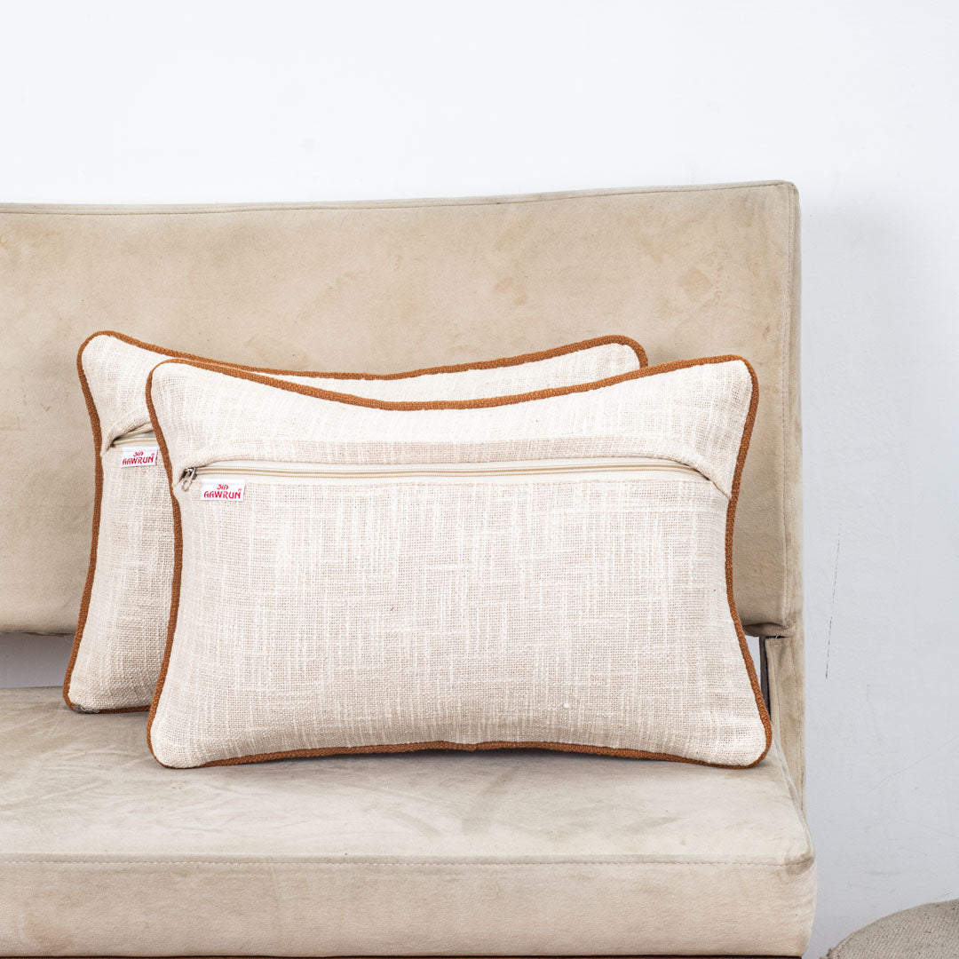 Beige Brown Abstract Embroidered Slub Cotton Cushion Cover 12x18 &amp; 16x16 Inch