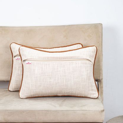 Beige Brown Abstract Embroidered Slub Cotton Cushion Cover 12x18 &amp; 16x16 Inch