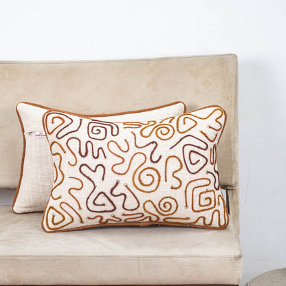 Beige Brown Abstract Embroidered Slub Cotton Cushion Cover 12x18 &amp; 16x16 Inch