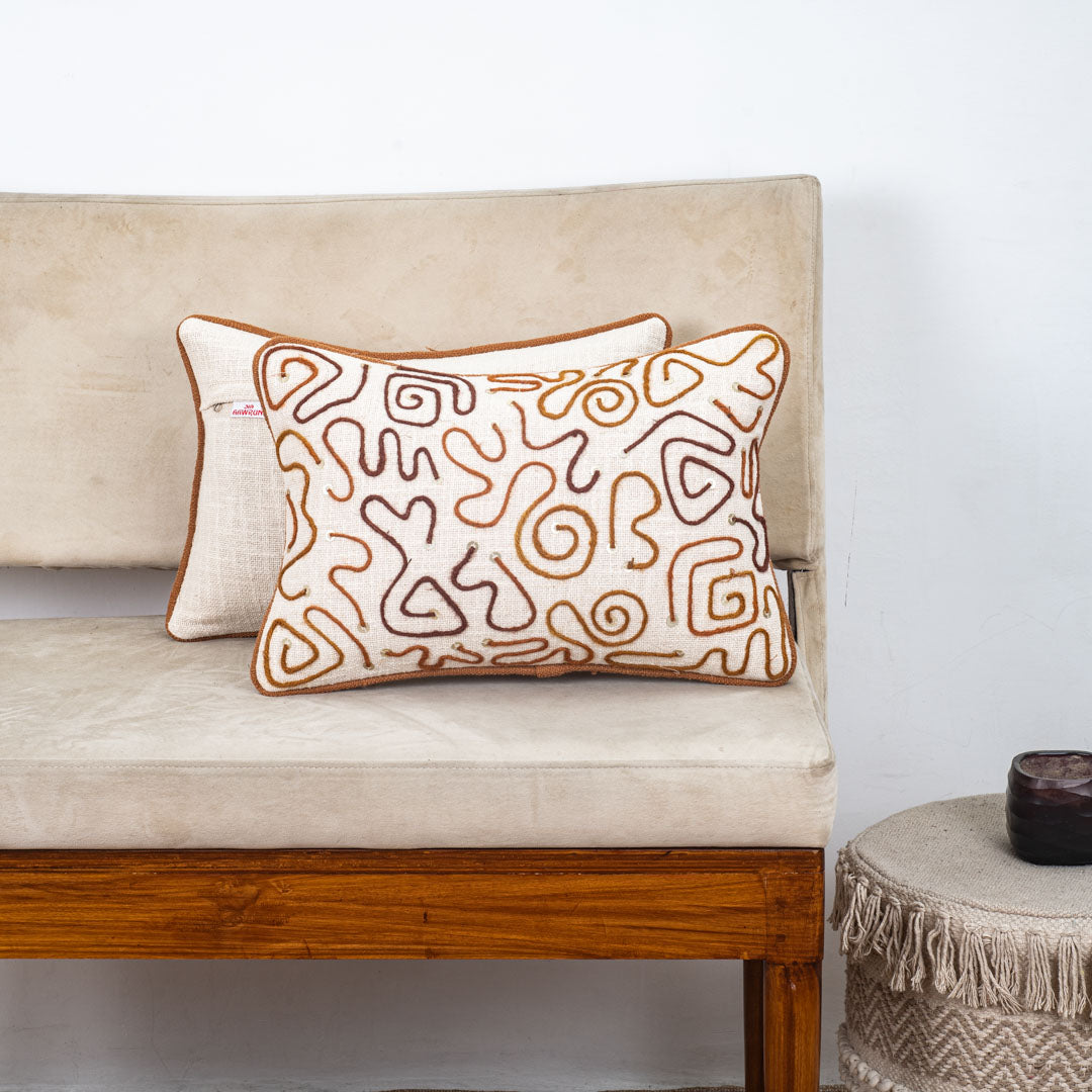 Beige Brown Abstract Embroidered Slub Cotton Cushion Cover 12x18 &amp; 16x16 Inch