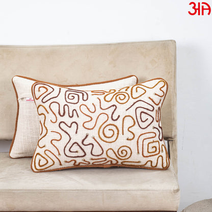 Beige Brown Abstract Embroidered Slub Cotton Cushion Cover 12x18 &amp; 16x16 Inch