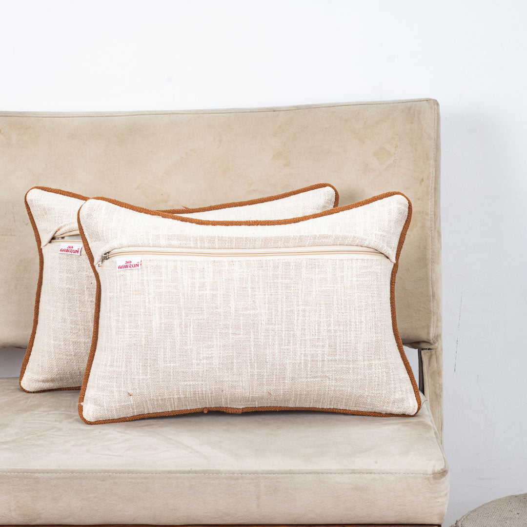 Beige Brown Lattice Wave Embroidered Slub Cotton Cushion Cover 12x18 &amp; 16x16 Inch