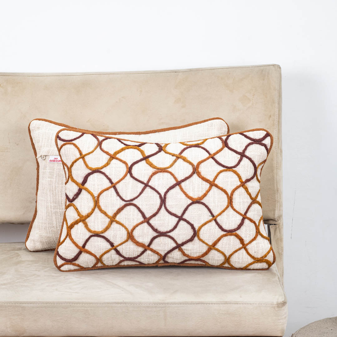 Beige Brown Lattice Wave Embroidered Slub Cotton Cushion Cover 12x18 &amp; 16x16 Inch