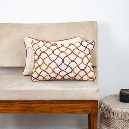 Beige Brown Lattice Wave Embroidered Slub Cotton Cushion Cover 12x18 &amp; 16x16 Inch