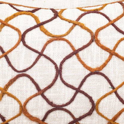 Beige Brown Lattice Wave Embroidered Slub Cotton Cushion Cover 12x18 &amp; 16x16 Inch