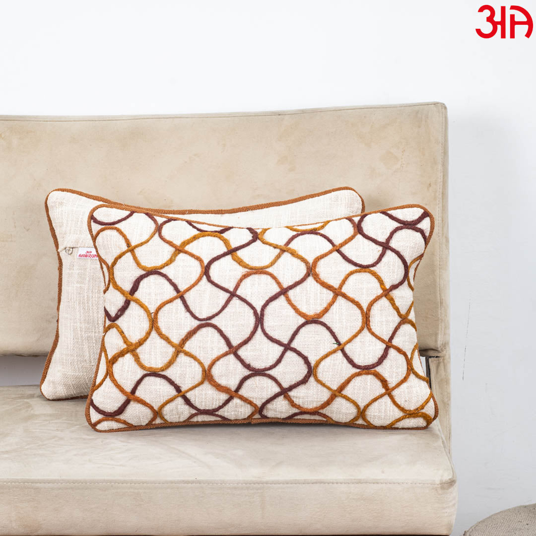 Beige Brown Lattice Wave Embroidered Slub Cotton Cushion Cover 12x18 &amp; 16x16 Inch