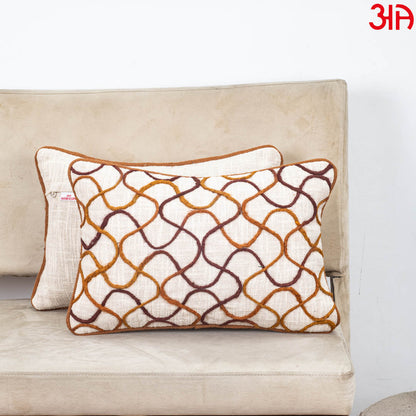 Beige Brown Lattice Wave Embroidered Slub Cotton Cushion Cover 12x18 &amp; 16x16 Inch