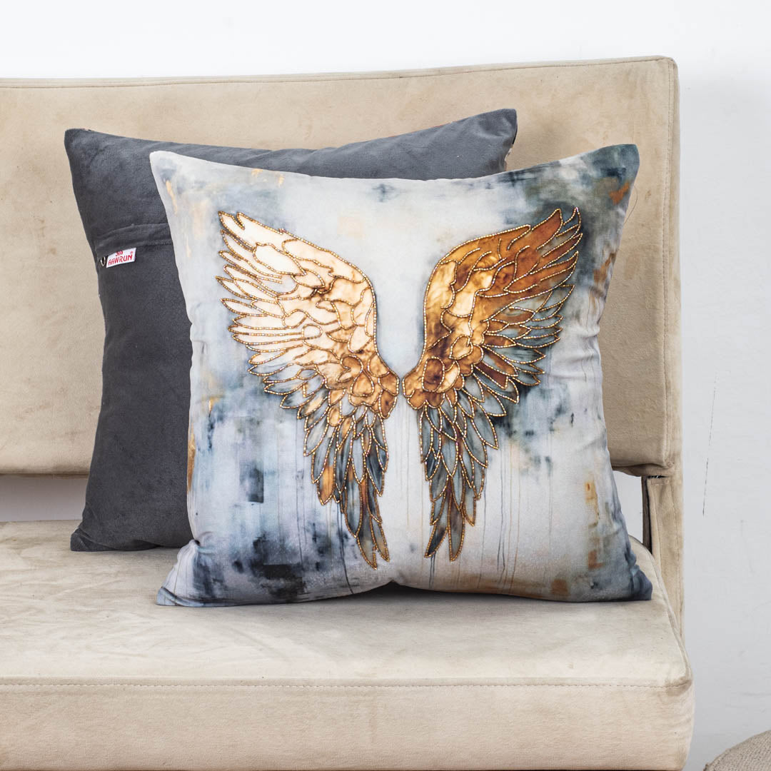 Golden Angel Wings Cushion Cover – 16 x 16 Inch-Grey-Gold Polyester Velvet