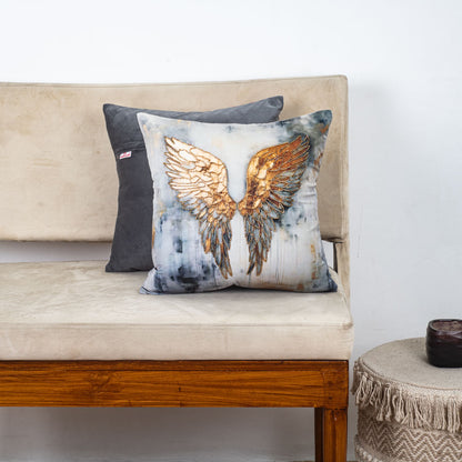 Grey Gold Angel Wings Printed Velvet Cushion Cover 16x16 Inch