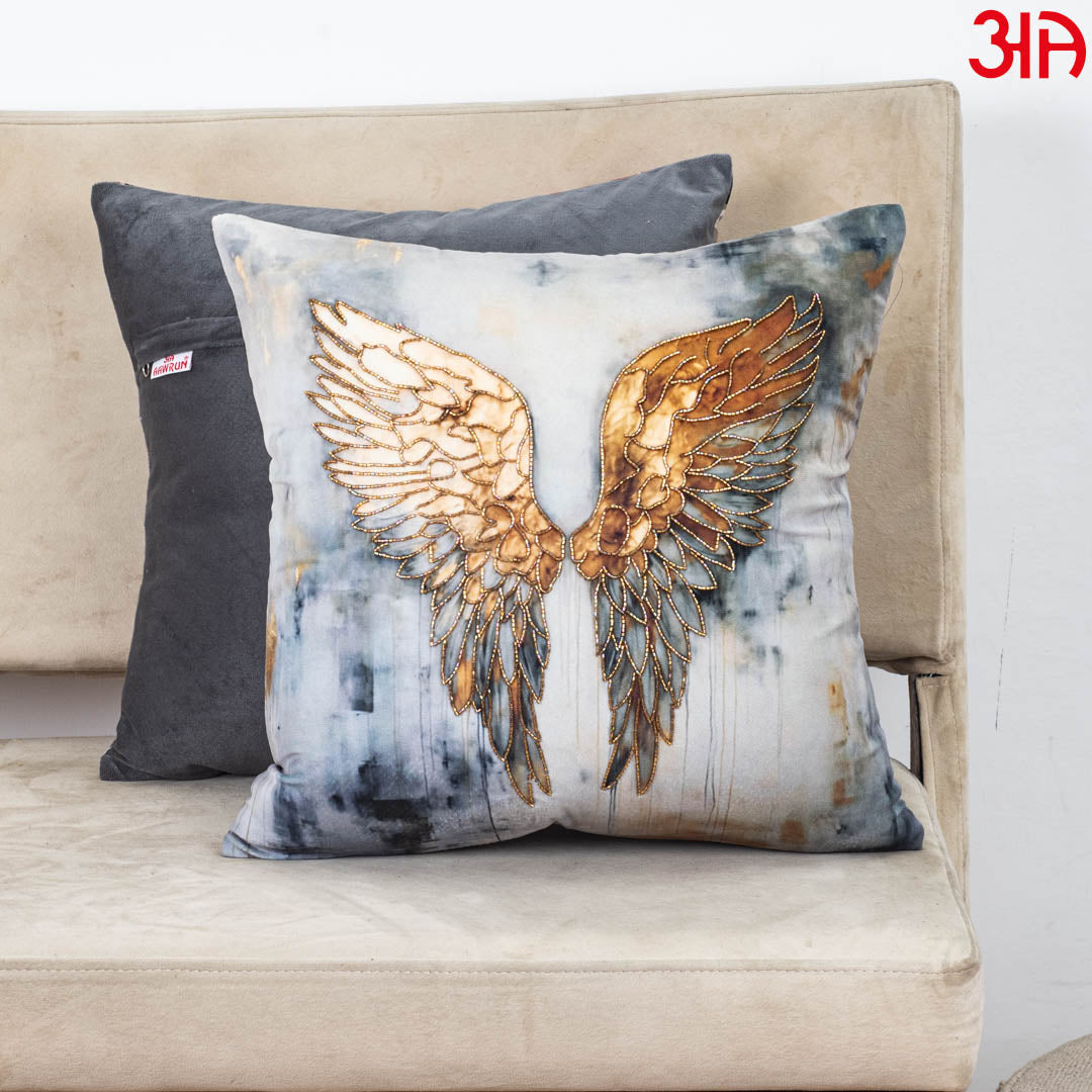 Grey Gold Angel Wings Printed Velvet Cushion Cover 16x16 Inch