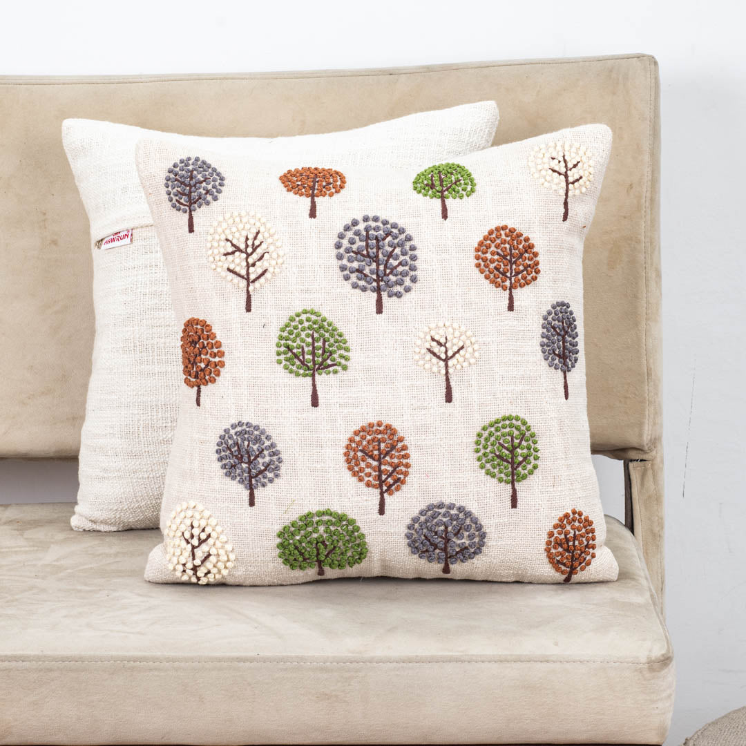 Beige Multicolor Tree Embroidered Slub Cotton Cushion Cover 16x16 Inch