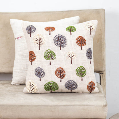 Beige Multicolor Tree Embroidered Slub Cotton Cushion Cover 16x16 Inch