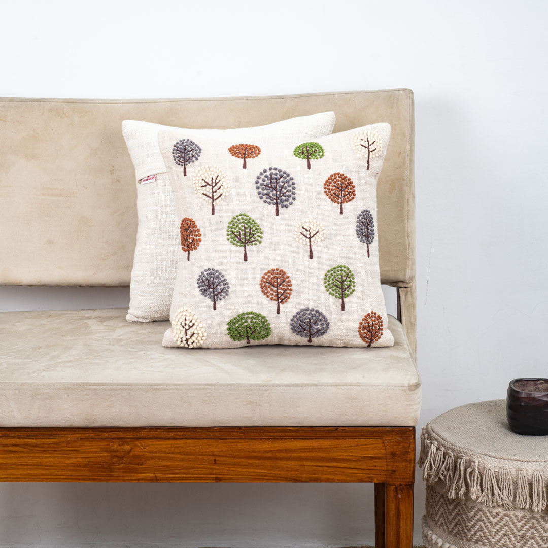 Beige Multicolor Tree Embroidered Slub Cotton Cushion Cover 16x16 Inch