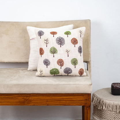 Beige Multicolor Tree Embroidered Slub Cotton Cushion Cover 16x16 Inch