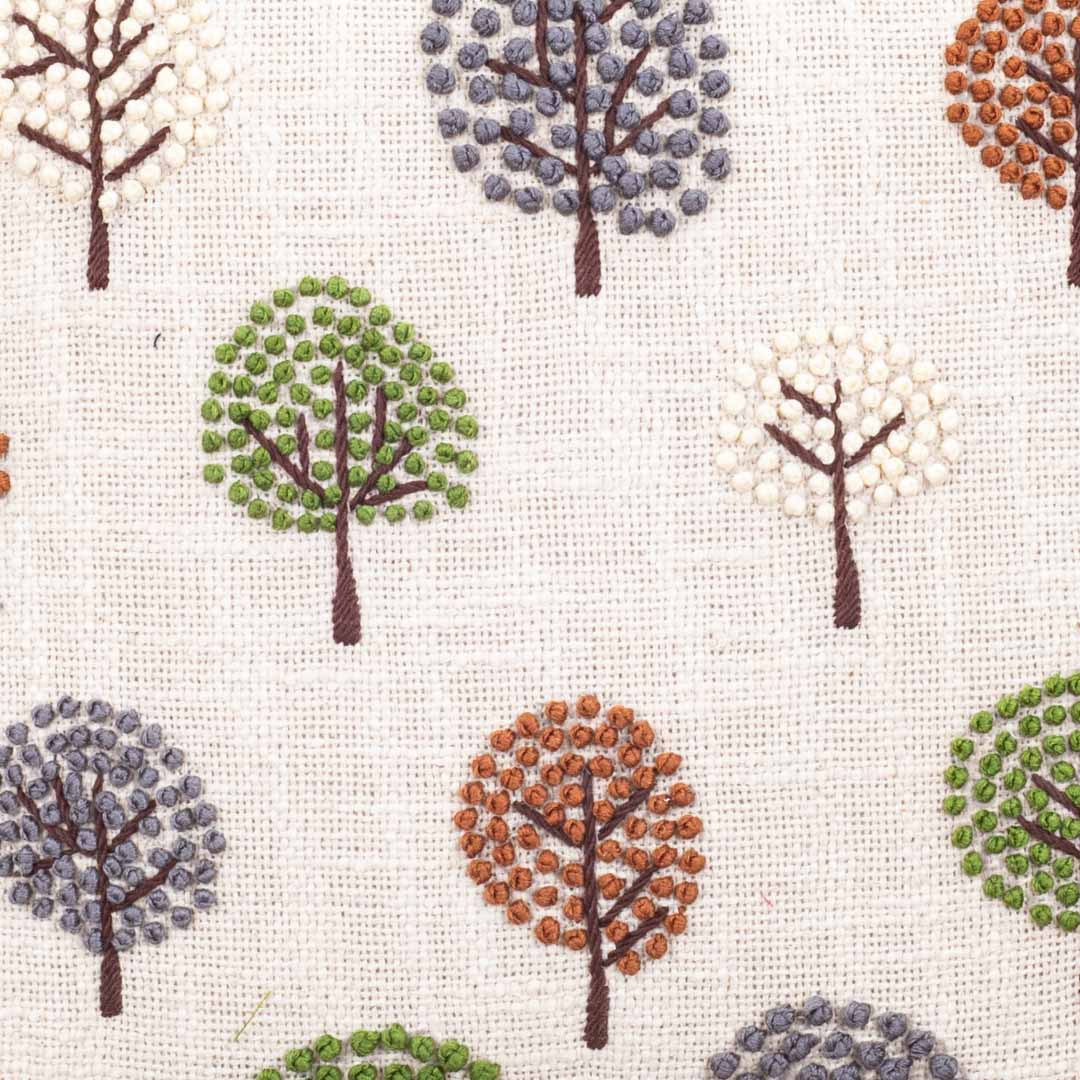 Beige Multicolor Tree Embroidered Slub Cotton Cushion Cover 16x16 Inch