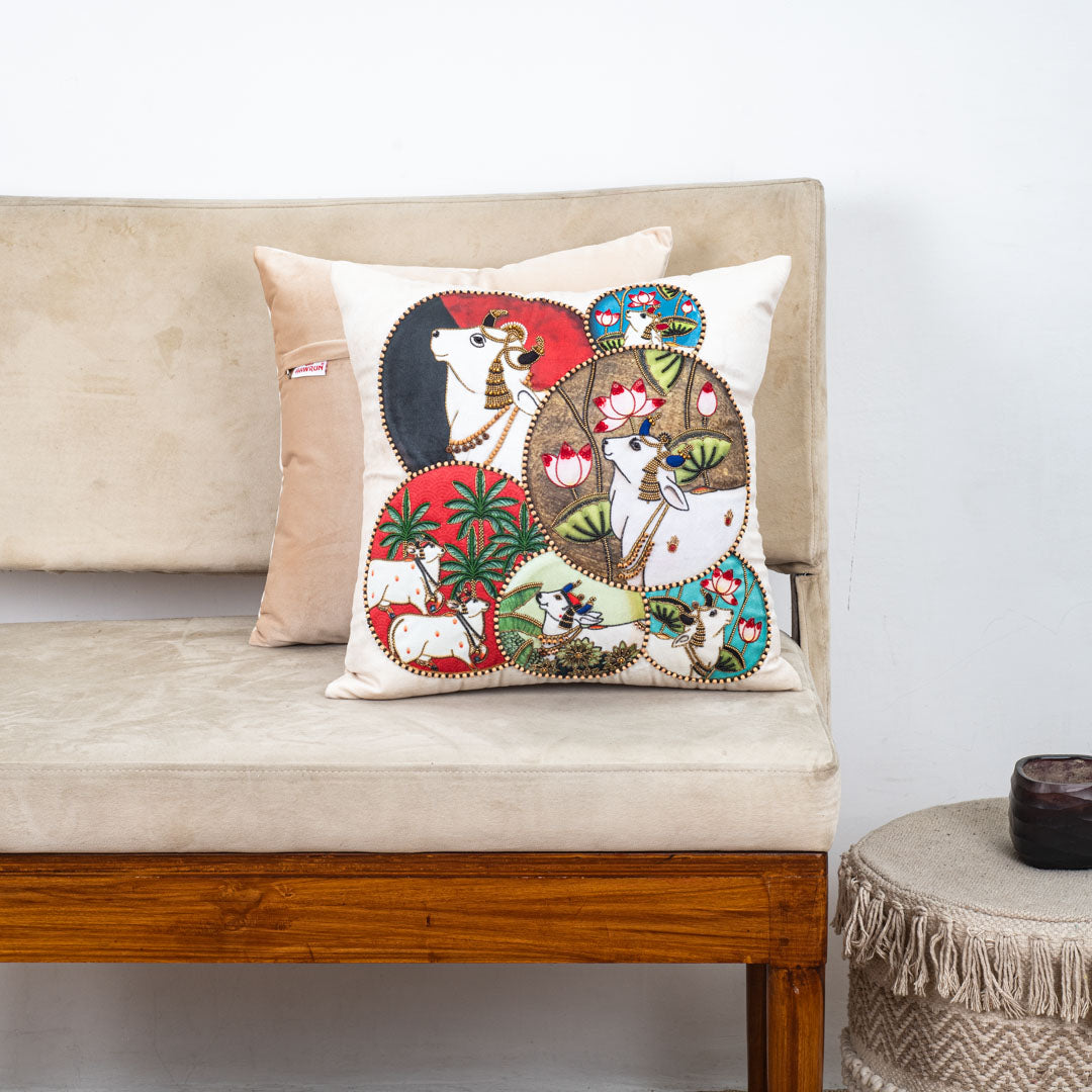 Decorative Embroidered Cushion Cover – 16 x 16 Inch-Multicolor Polyester Velvet Fabric