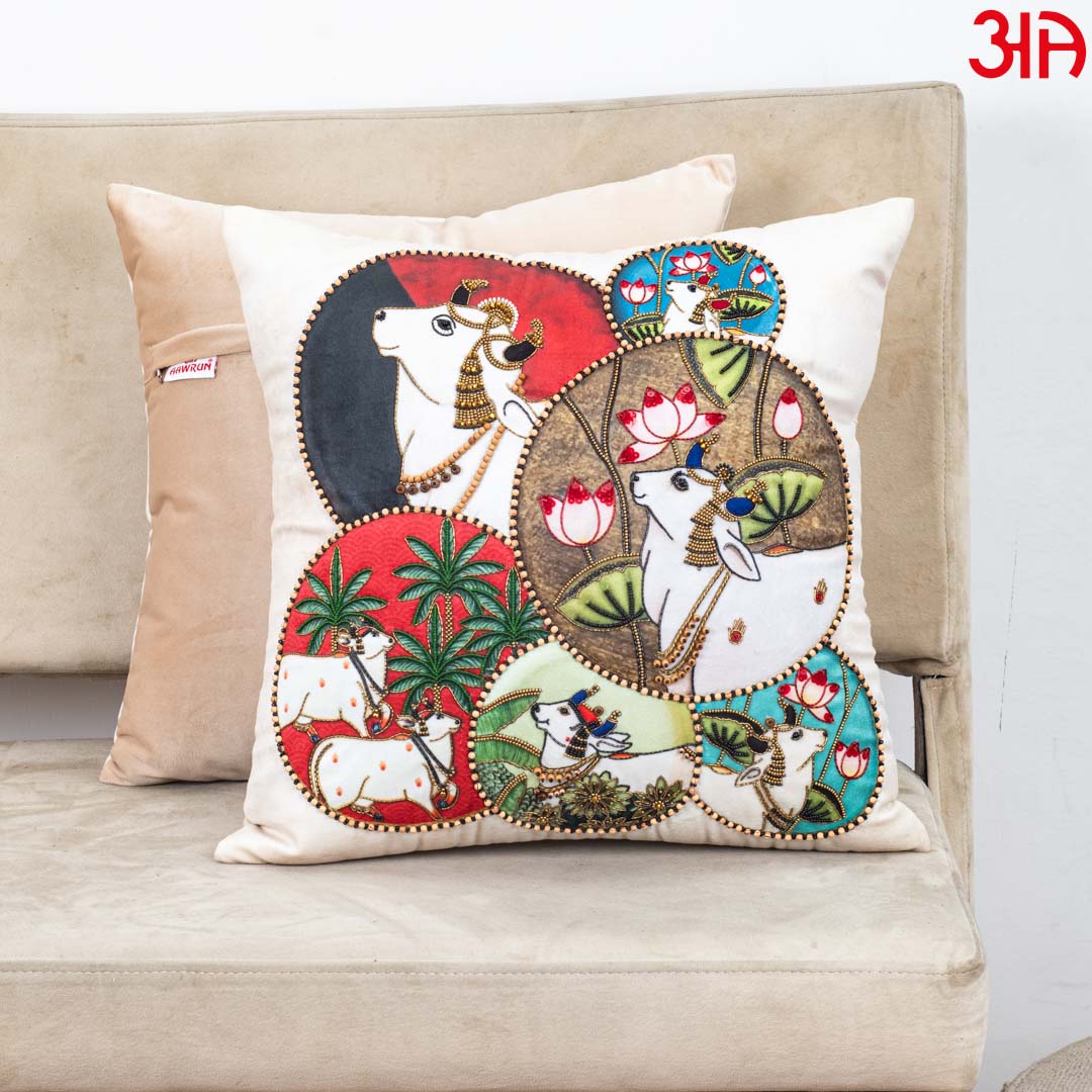Multicolour Pichwai Printed Velvet Cushion Cover 16x16 Inch