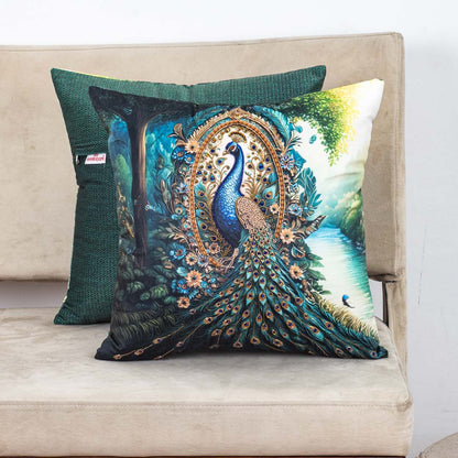 Green Peacock Printed Velvet Cushion Cover 16x16 Inch