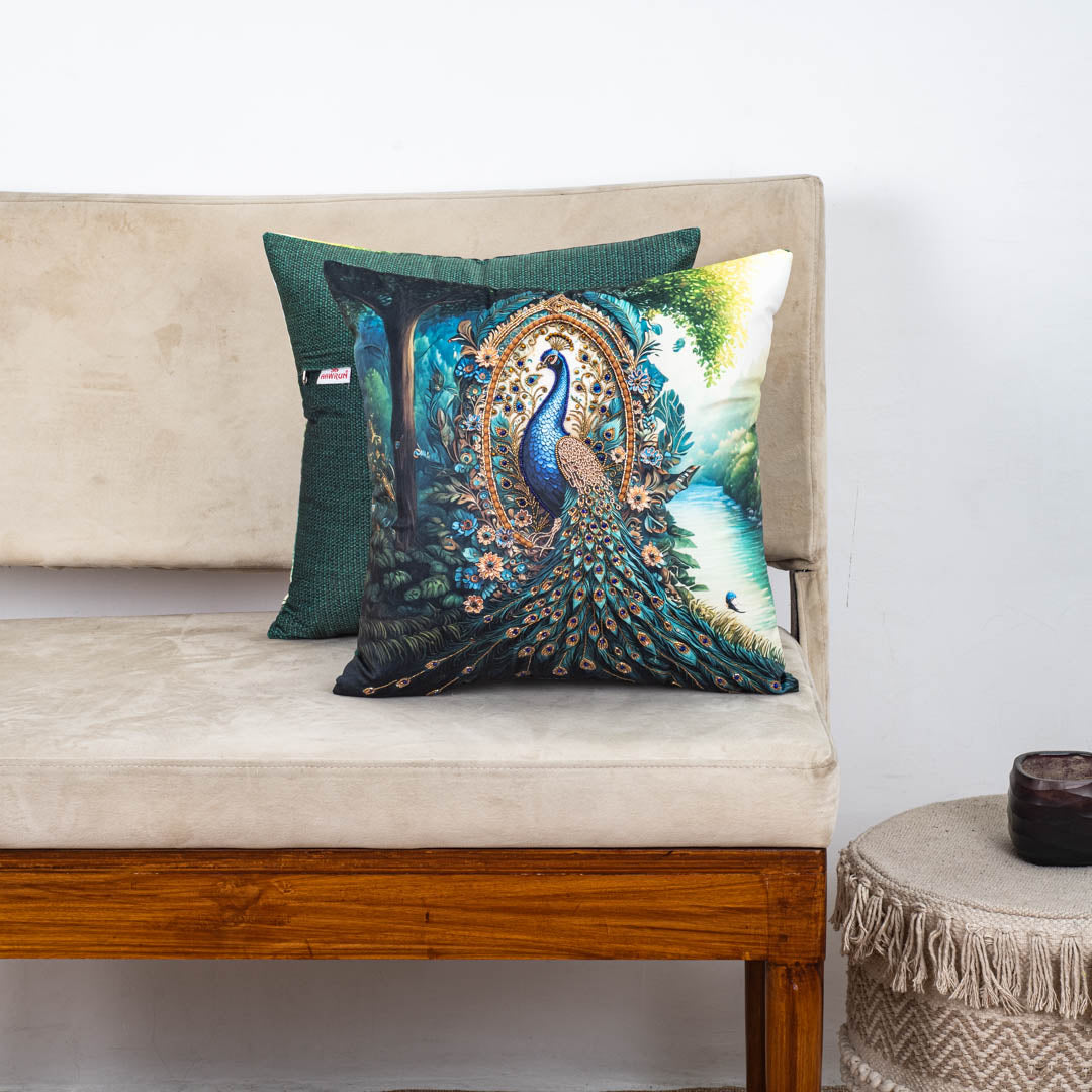 Green Peacock Printed Velvet Cushion Cover 16x16 Inch