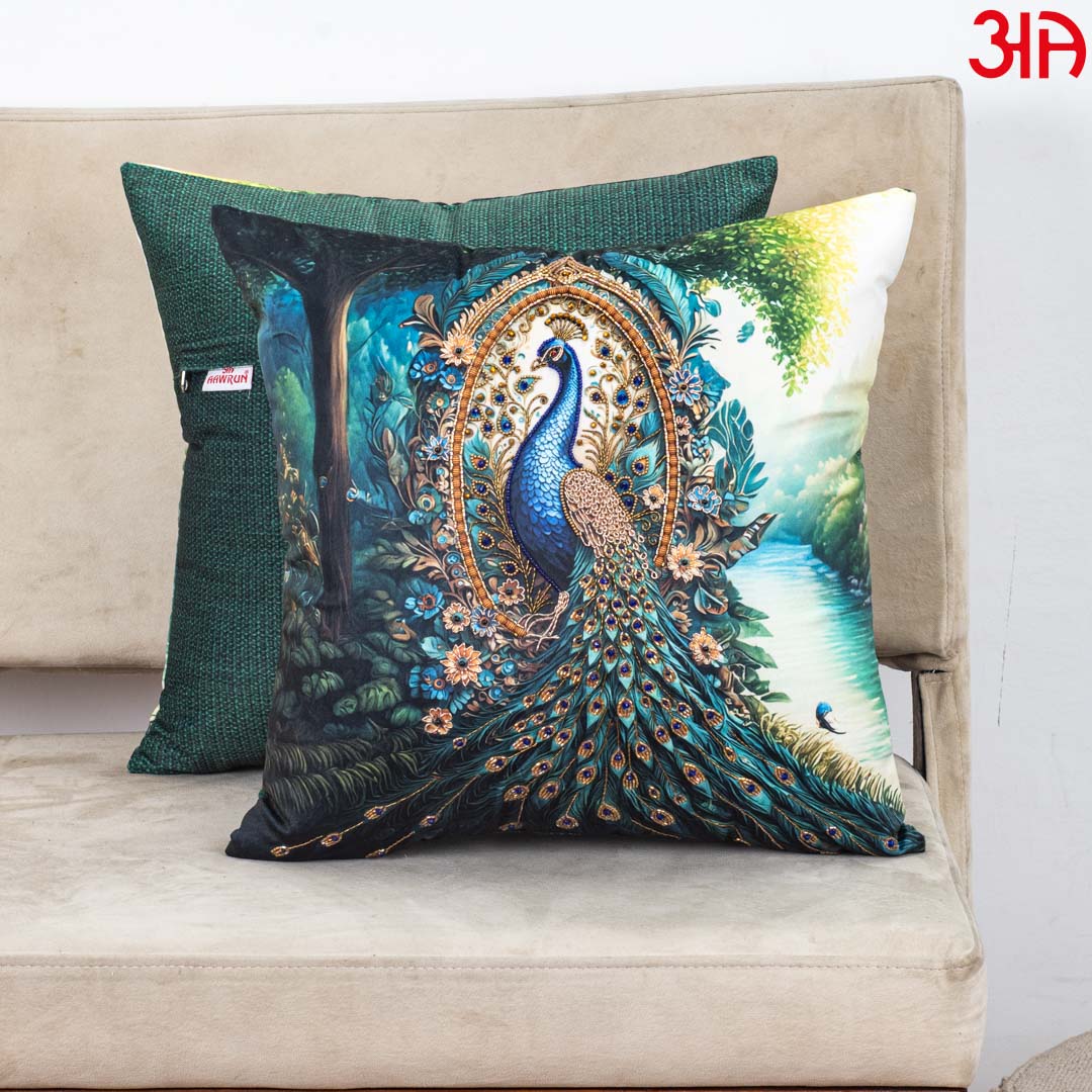 Green Peacock Printed Velvet Cushion Cover 16x16 Inch